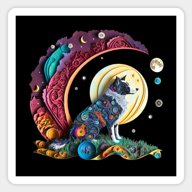 Border Collie Dog Cute Fantasy Whimsical Crescent Moon Paper Quilling Magnet by joannejgg